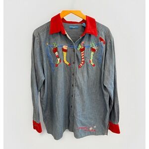 VTG Y2K Karen Scott Sport Denim Christmas Shirt XL Embroidered Stockings Red